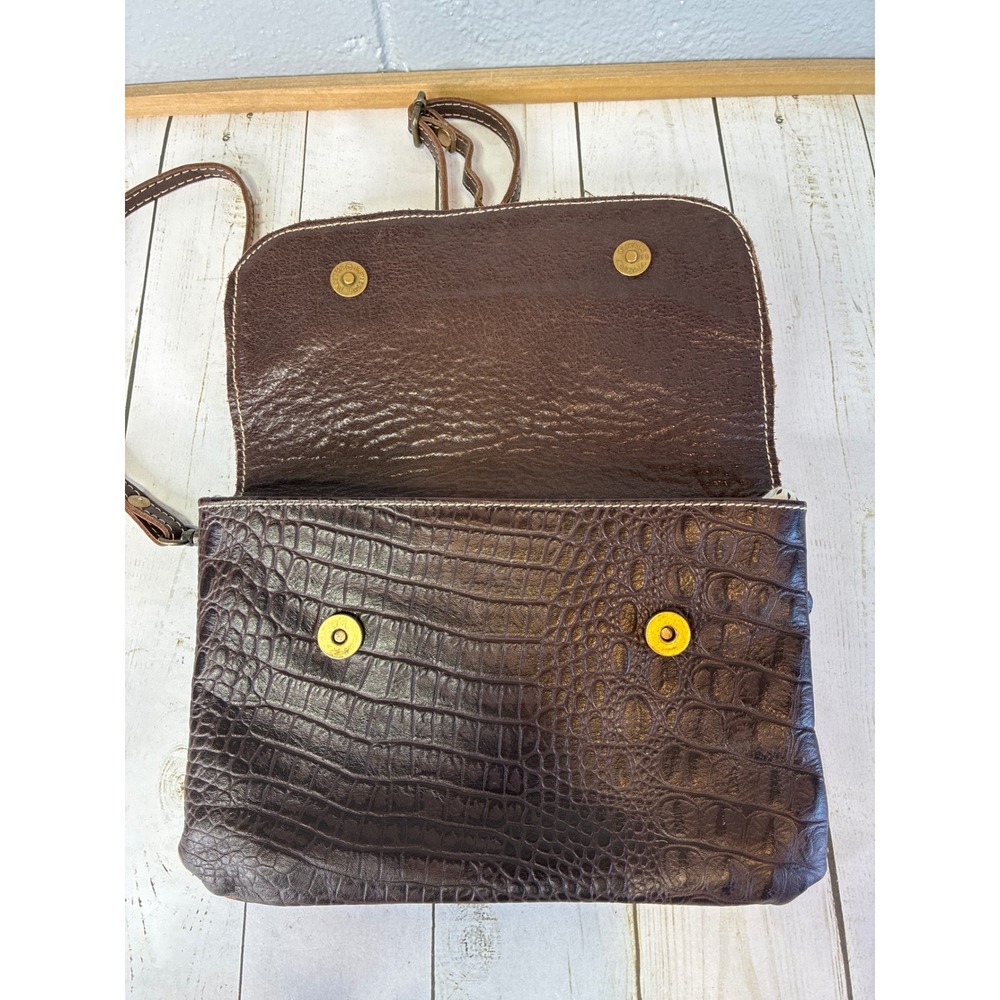 Myra Bag Brown Croco Leather Tooled Floral Crossbody Bag Sunflower Whipstitch - Picture 4 of 9